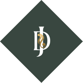 Monogram "d" in a white serif font with a gold flourish on a dark green diamond-shaped background.