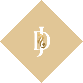 Monogram "dp" in an elegant script on a tan diamond background.
