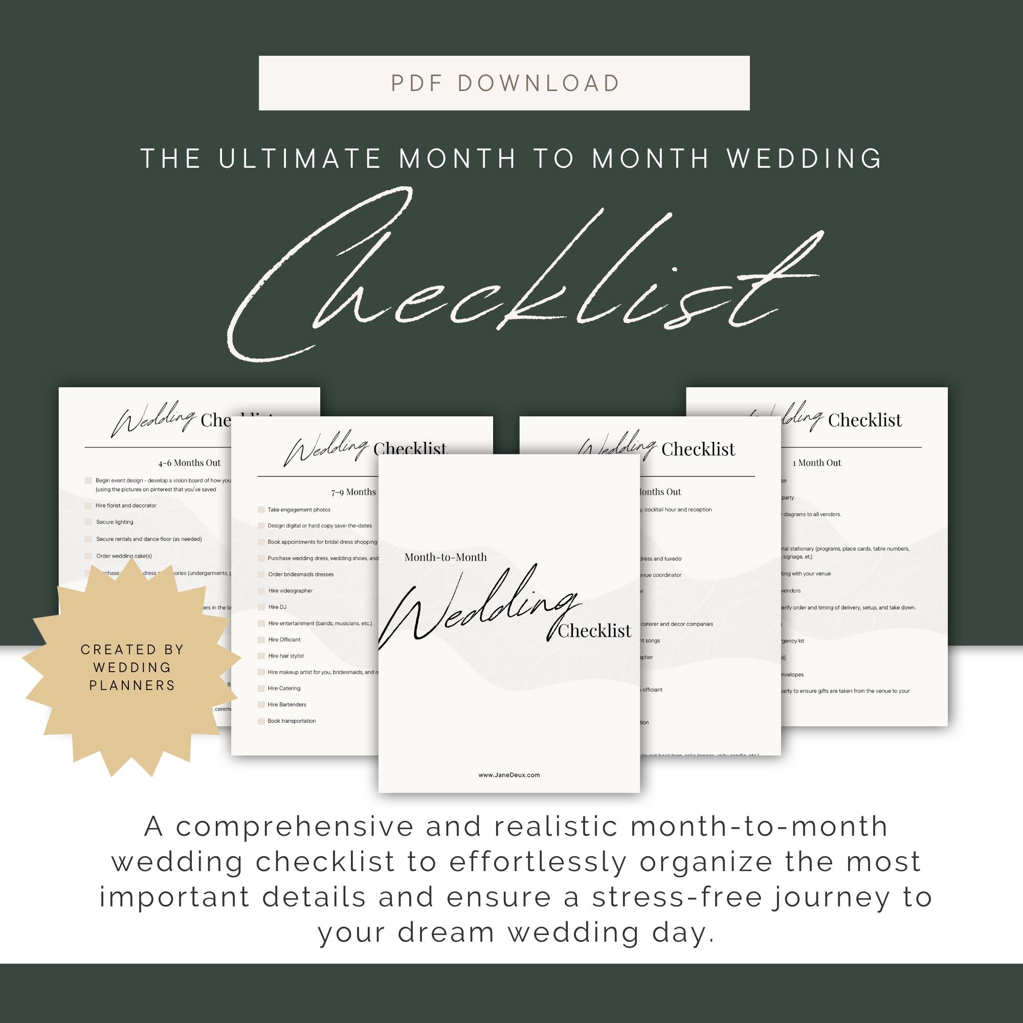 A promotional image for a month-to-month wedding checklist planner designed to organize the journey to an event planning perfect wedding day.